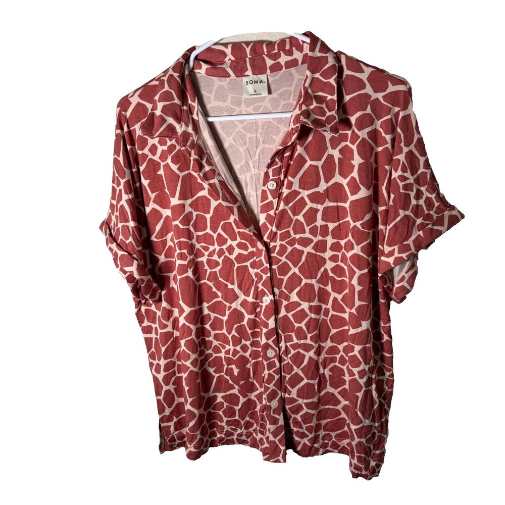 Soma Pajama Top Women's Large Button Up Short Sleeve Collared Printed Shirt